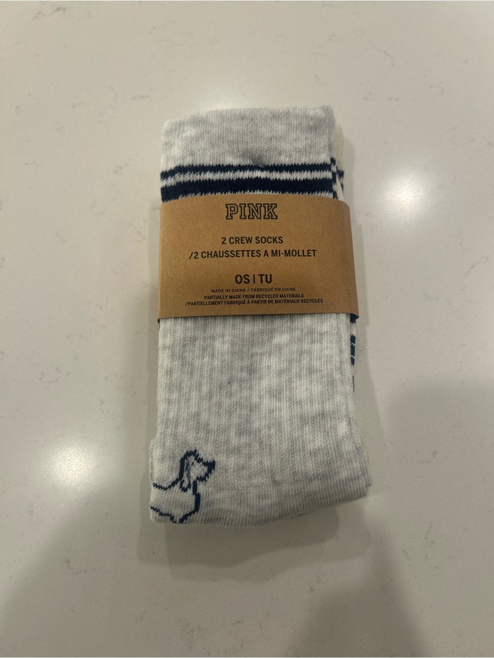 PINK Victoria's Secret Crew Socks - White with Navy Stripe (2 Pack)